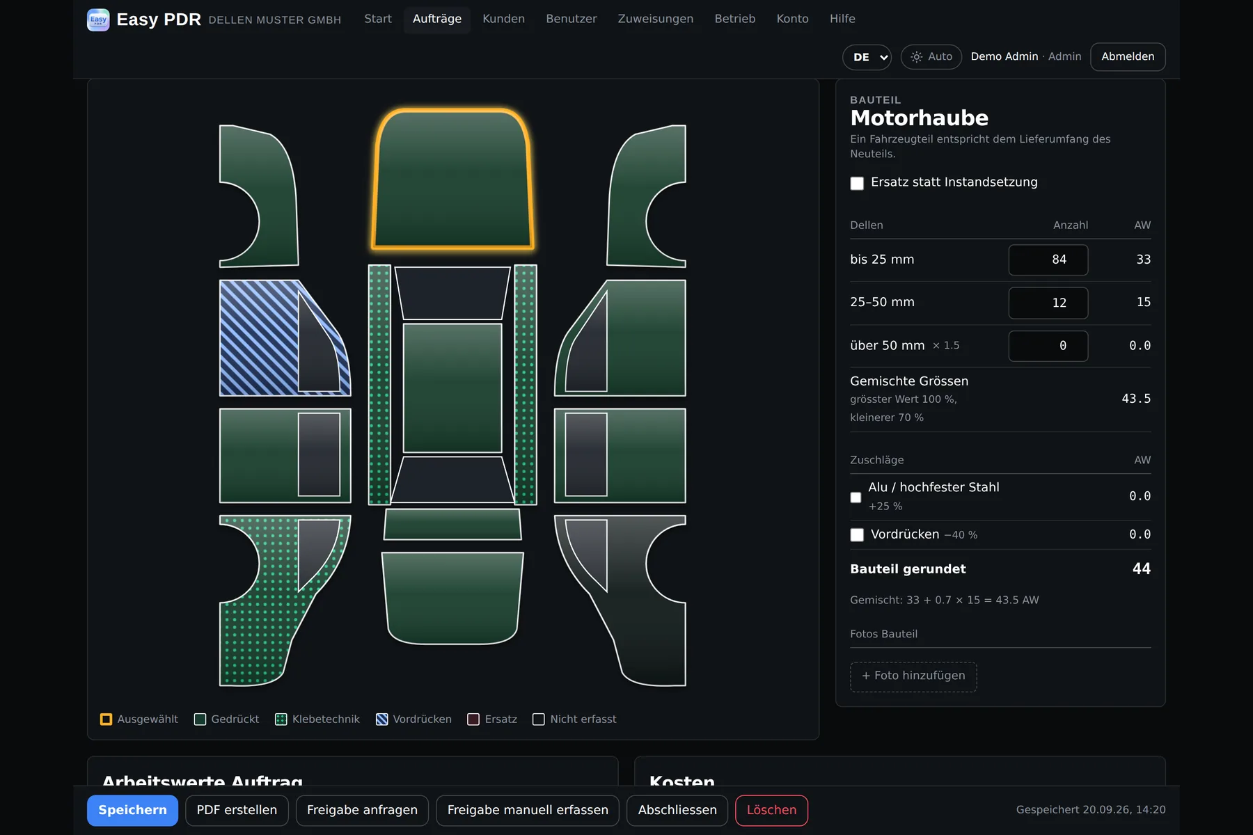 Easy PDR: Auftrag mit Fahrzeuggrafik, Bauteil Motorhaube und Arbeitswerten
